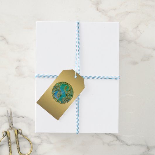 Modern Monogram Initiaal Gouden Letter en Turquois Cadeaulabel (Met Touw)