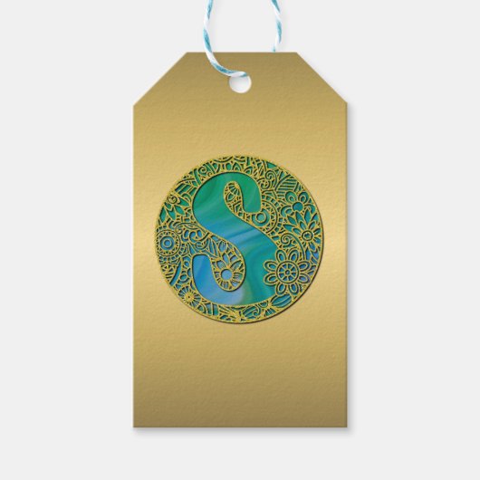 Modern Monogram Initiaal Gouden Letter en Turquois Cadeaulabel (Voorkant)