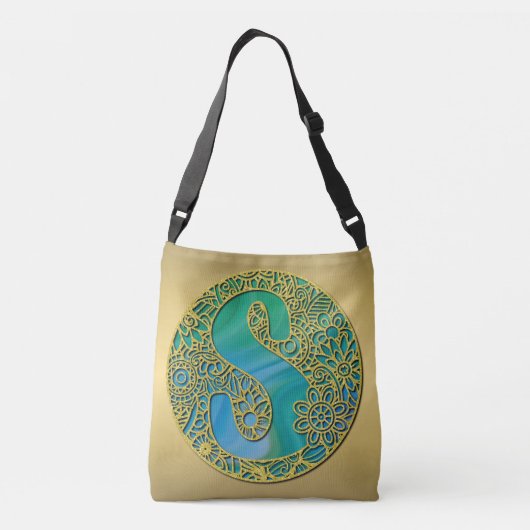 Modern Monogram Initiaal Gouden Letter en Turquois Crossbody Tas (Achterkant)