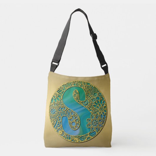 Modern Monogram Initiaal Gouden Letter en Turquois Crossbody Tas (Voorkant)