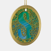 Modern Monogram Initiaal Gouden Letter en Turquois Keramisch Ornament (Rechts)