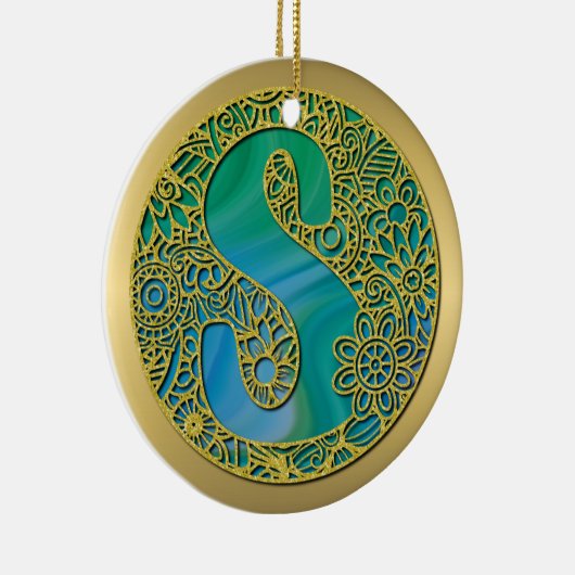 Modern Monogram Initiaal Gouden Letter en Turquois Keramisch Ornament (Rechts)