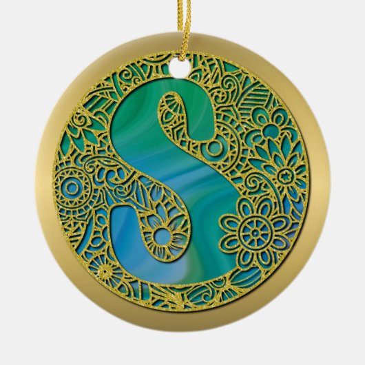 Modern Monogram Initiaal Gouden Letter en Turquois Keramisch Ornament (Voorkant)