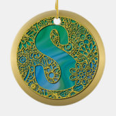 Modern Monogram Initiaal Gouden Letter en Turquois Keramisch Ornament (Achterkant)