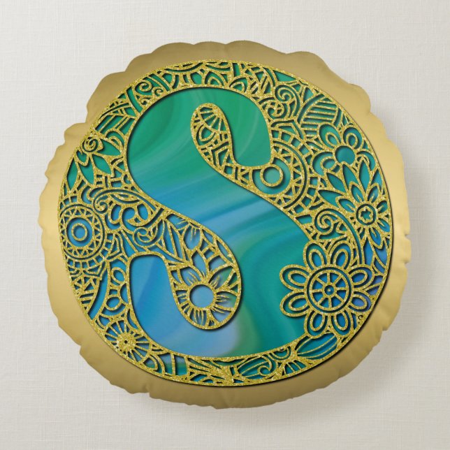 Modern Monogram Initiaal Gouden Letter en Turquois Rond Kussen (Voorkant)