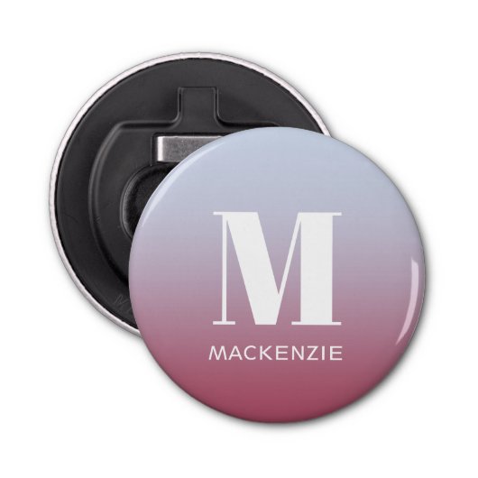 Modern Monogram Initiaal Naam Roze Blauw Verloop Button Flesopener (Voorkant)