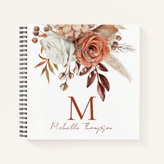 Modern Monogram Initiaal Naam Terracotta Florals Notitieboek (Voorkant)