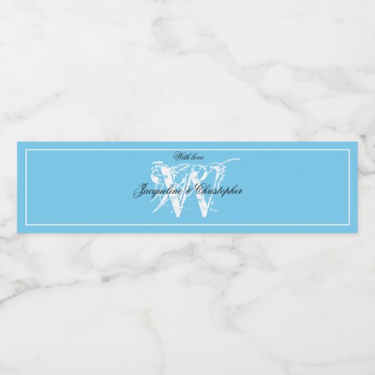 Modern Monogram Initiaal + Namen Cool Blue Wedding Waterfles Etiket (Enkel label)
