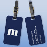 Modern Monogram Initiaal Navy blauw Bagagelabel<br><div class="desc">Moderne lagere hoesje typografie minimalistische monogram initiaal ontwerp dat kan worden gewijzigd om te personaliseren,  samen met de gegevens op de keerzijde. Wit op een marineblauwe achtergrond.</div>