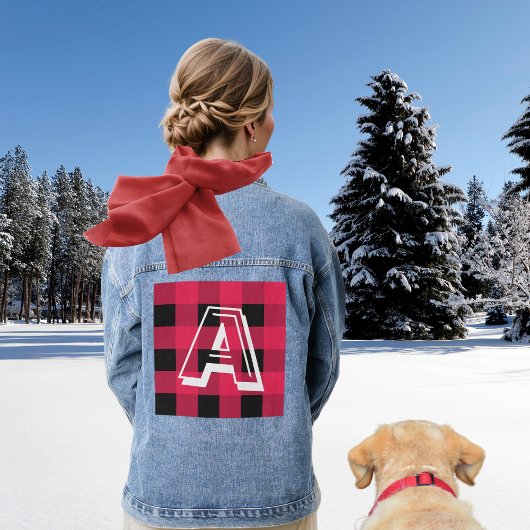 Modern Monogram Initiaal Red Buffalo Check Stijlvo Denim Jacket