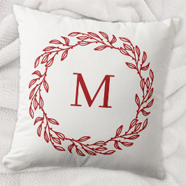 Modern Monogram Initiaal Red Leaf en Berry Krans Kussen