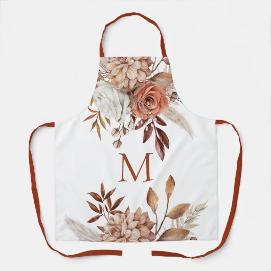 Modern Monogram Initiaal Terracotta Florals Schort (Voorkant)