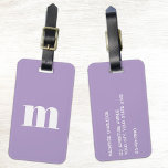 Modern Monogram Initial Lilac Pastel Bagagelabel<br><div class="desc">Modern lower case typography minimalist monogram initial design which can be changed to personalize,  along with the details on the reverse. White on a pastel lilac background for a dose of dopamine!</div>
