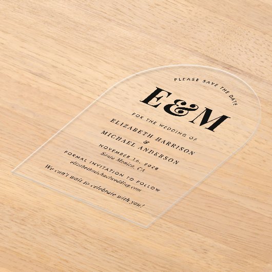 Modern Monogram Initialen Arch Bewaar de datum Acryl Uitnodigingen (Laagn)