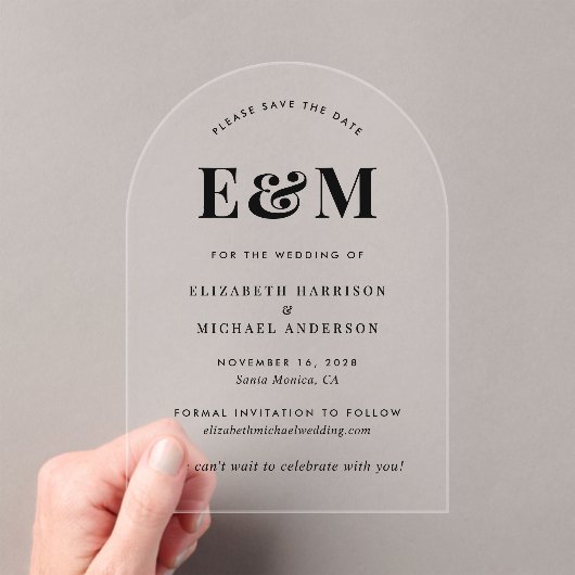 Modern Monogram Initialen Arch Bewaar de datum Acryl Uitnodigingen (Insitu (Draagbaar))