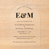 Modern Monogram Initialen Arch Bewaar de datum Acryl Uitnodigingen (Voorkant)