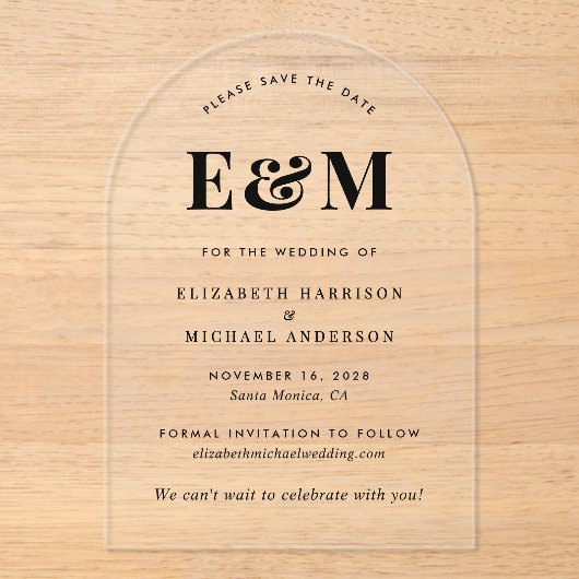 Modern Monogram Initialen Arch Bewaar de datum Acryl Uitnodigingen (Voorkant)