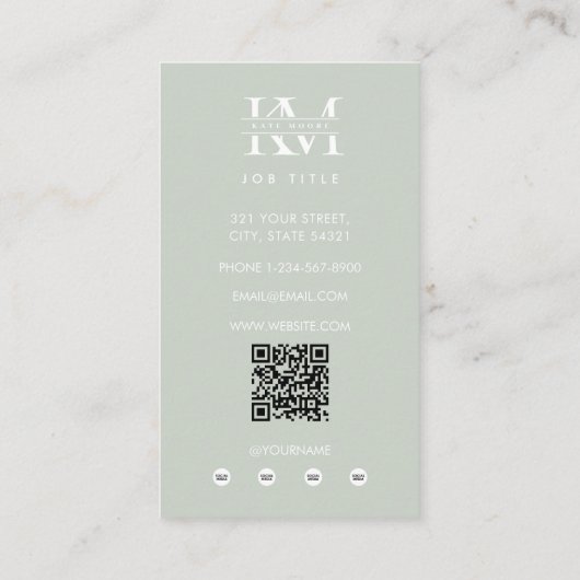Modern Monogram Initials Professional Sage Green Visitekaartje (Achterkant)