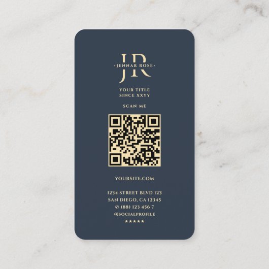 Modern Monogram J Bloemen Donkerblauw Goud Visitekaartje (Achterkant)