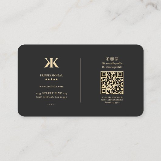 Modern Monogram K Professionele Marketing Zwart Visitekaartje (Achterkant)