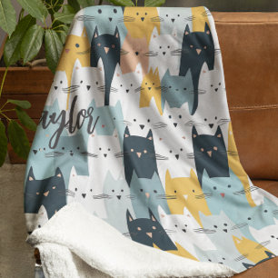 Modern Monogram Kattenpatroon Blauw Geel Wit Fleece Deken
