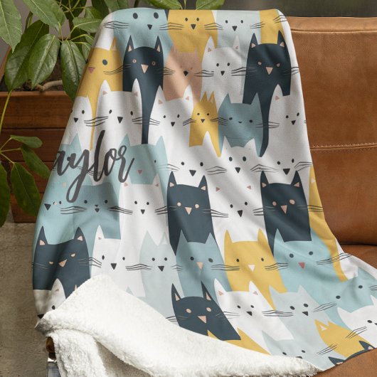 Modern Monogram Kattenpatroon Blauw Geel Wit Fleece Deken