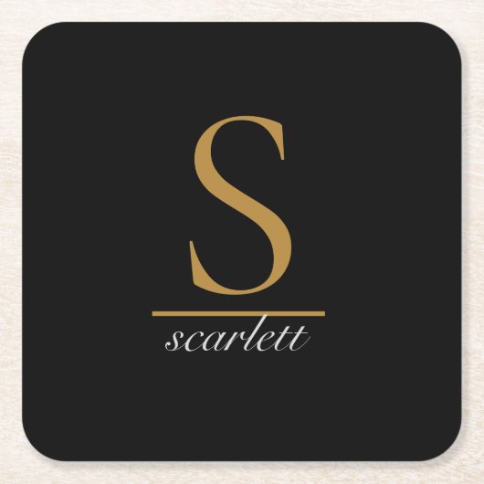 Modern Monogram Klassiek Zwart Goud Script Naam Kartonnen Onderzetters (Voorkant)