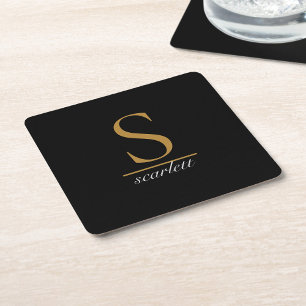 Modern Monogram Klassiek Zwart Goud Script Naam Kartonnen Onderzetters