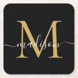 Modern Monogram Klassiek Zwart Goud Script Naam Kartonnen Onderzetters<br><div class="desc">Elegant Modern Gepersonaliseerd Zwart Goud Monogram Script Naam Initiaal Papier Onderzetter</div>