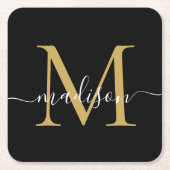 Modern Monogram Klassiek Zwart Goud Script Naam Kartonnen Onderzetters (Voorkant)