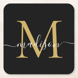 Modern Monogram Klassiek Zwart Goud Script Naam Kartonnen Onderzetters