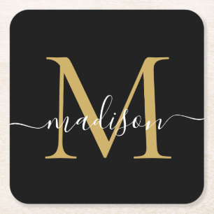 Modern Monogram Klassiek Zwart Goud Script Naam Kartonnen Onderzetters