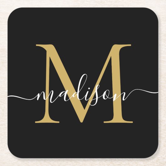 Modern Monogram Klassiek Zwart Goud Script Naam Kartonnen Onderzetters (Voorkant)