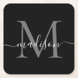 Modern Monogram Klassiek Zwart Grijs Script Naam Kartonnen Onderzetters<br><div class="desc">Elegant Modern Gepersonaliseerd Zwart Zilver Grijs Monogram Script Naam Initiaal Papier Onderzetter</div>