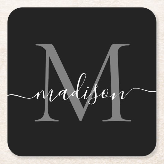 Modern Monogram Klassiek Zwart Grijs Script Naam Kartonnen Onderzetters (Voorkant)