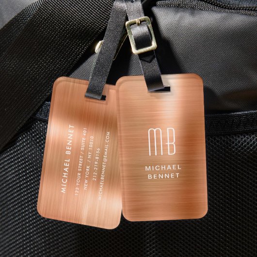 Modern Monogram Koper Metaalglans Bagagelabel