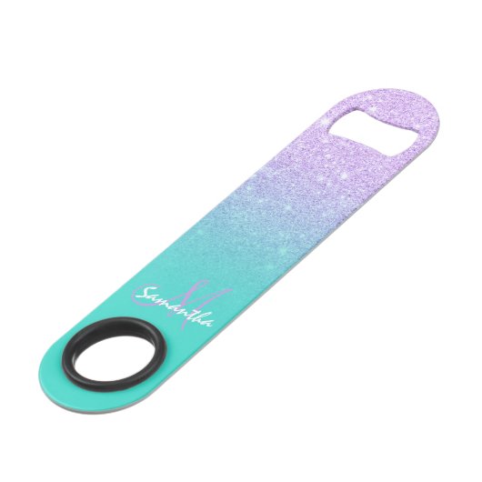 Modern monogram lavendel glitter ombre turquoise speed flessenopener (Voorkant Gekanteld)