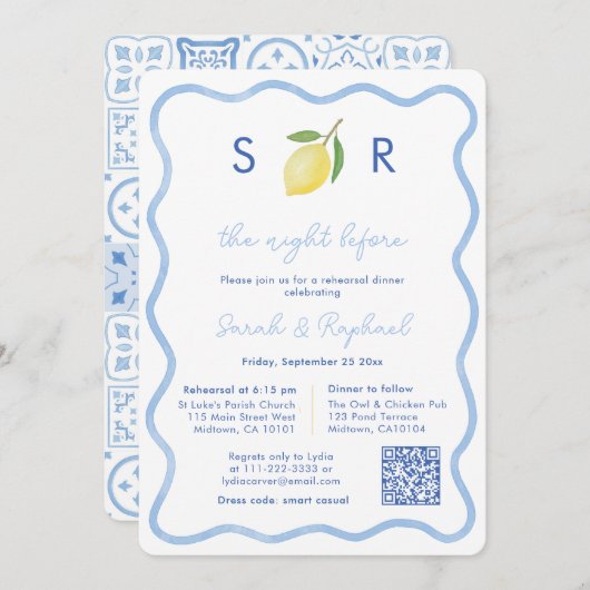 Modern Monogram Lemon Wedding Repetitie Diner Kaart (Voorkant / Achterkant)