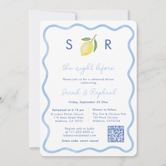 Modern Monogram Lemon Wedding Repetitie Diner Kaart (Voorkant)