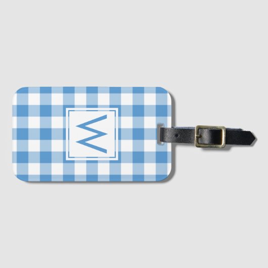 Modern Monogram Light Blue Girly Gingham Pattern Bagagelabel (Voorkant (horizontaal))