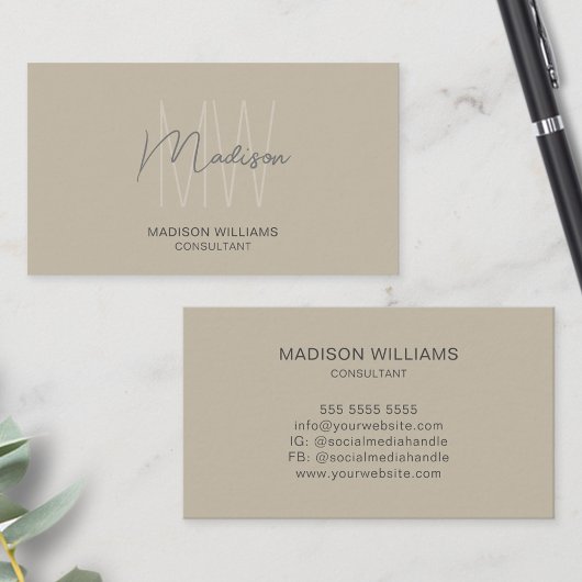 Modern Monogram Logo Beige Consultant Visitekaartje