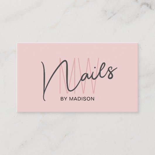 Modern Monogram Logo Blush Pink Nail Artist Visitekaartje (Voorkant)