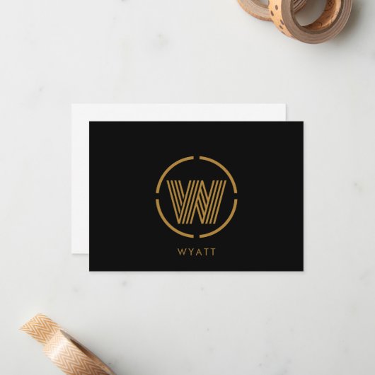 Modern Monogram Logo Gold Black Flat Note Card Notitiekaartje (Voorkant / Achterkant in situ)