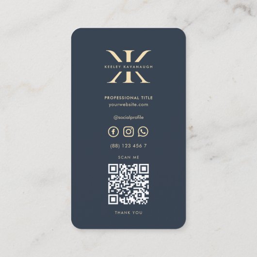 Modern Monogram Logo K Donkerblauw Goud Profession Visitekaartje (Achterkant)