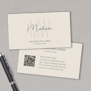 Modern Monogram Logo QR Code Crème Tan Consultant Visitekaartje