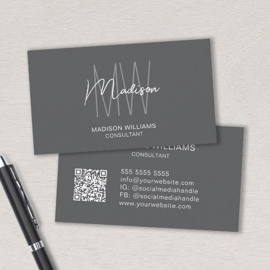 Modern Monogram Logo QR Code Grijs Consultant Visitekaartje