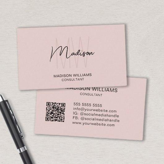 Modern Monogram Logo QR Code Roze Roze Consultant Visitekaartje