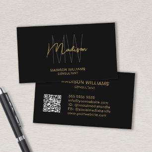 Modern Monogram Logo QR Code Zwart Goud Consultant Visitekaartje