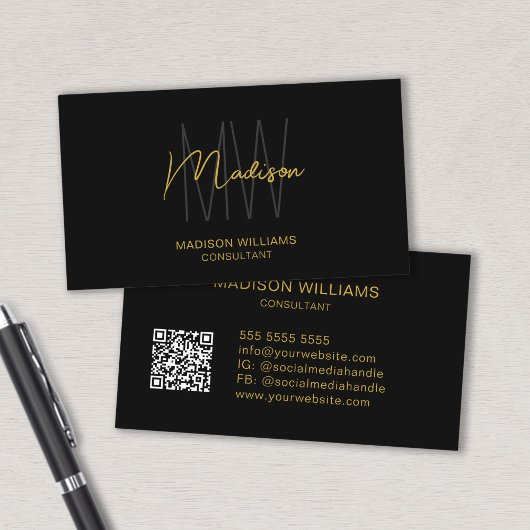 Modern Monogram Logo QR Code Zwart Goud Consultant Visitekaartje