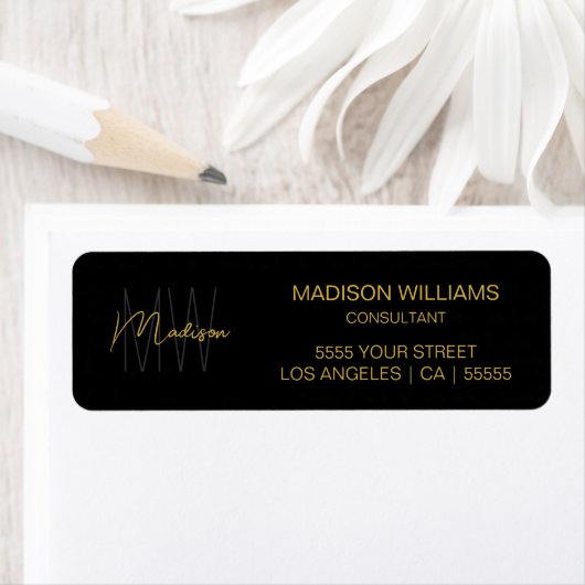 Modern Monogram Logo Zwart Goud Consultant Adres Etiket (Insitu)